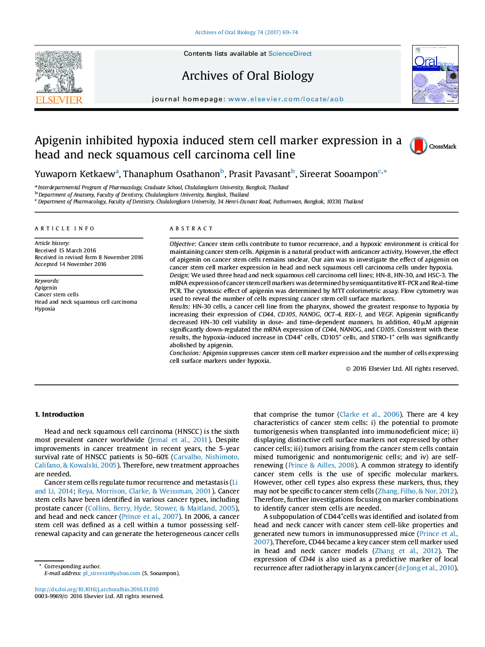 Apigenin inhibited hypoxia induced stem cell marker expression in a head and neck squamous cell carcinoma cell line