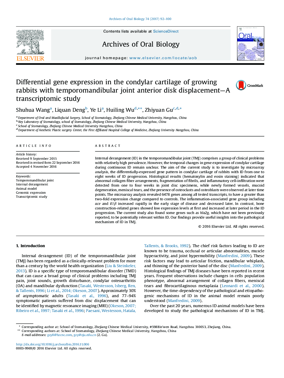 Differential gene expression in the condylar cartilage of growing rabbits with temporomandibular joint anterior disk displacement-A transcriptomic study