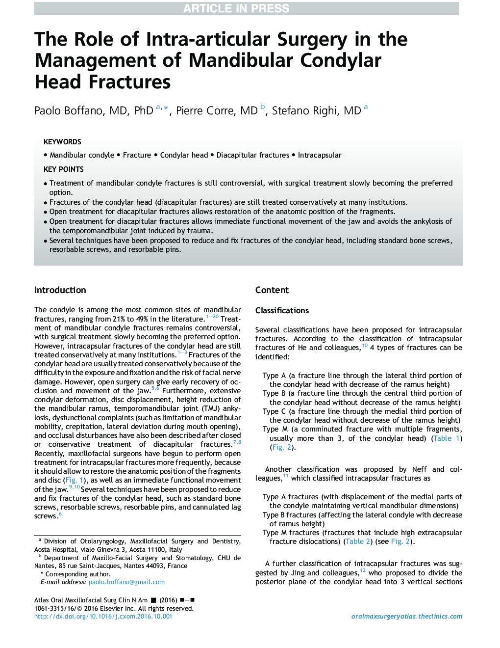 The Role of Intra-articular Surgery in the Management of Mandibular Condylar Head Fractures