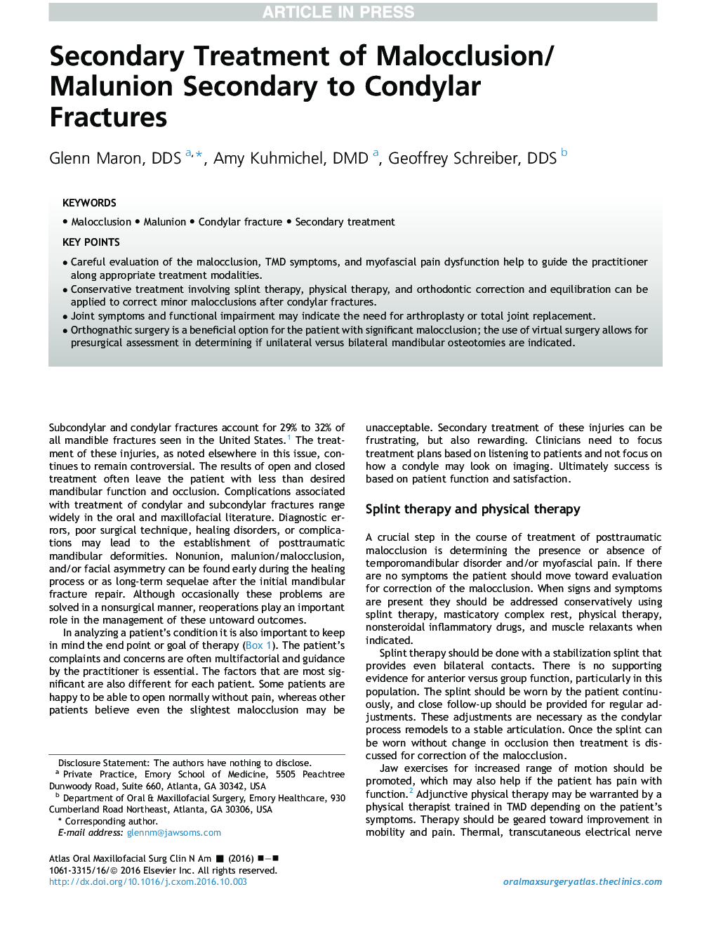 Secondary Treatment of Malocclusion/Malunion Secondary to Condylar Fractures