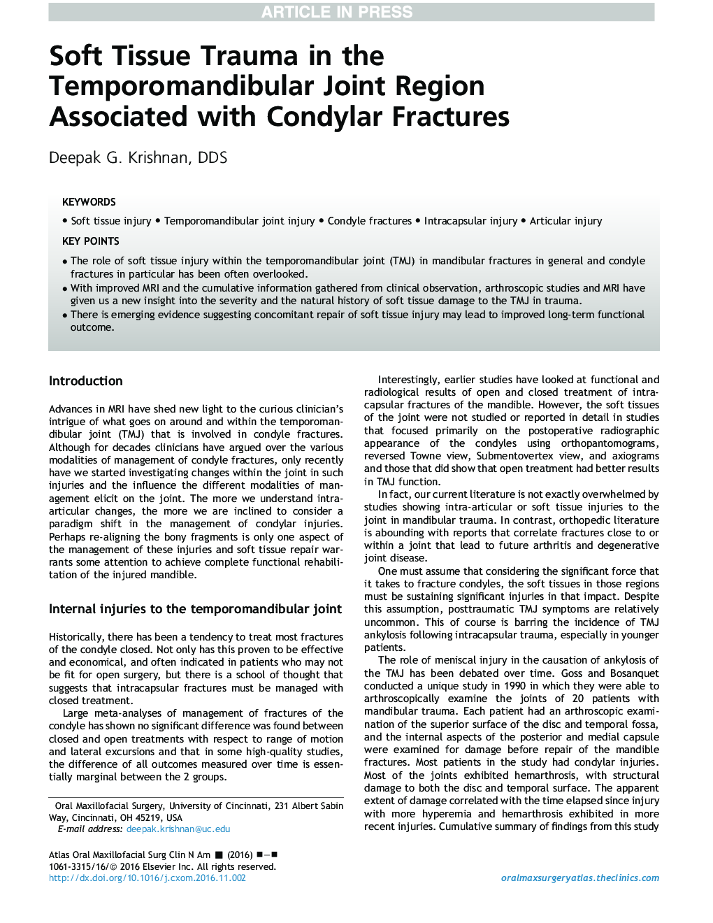 Soft Tissue Trauma in the Temporomandibular Joint Region Associated with Condylar Fractures