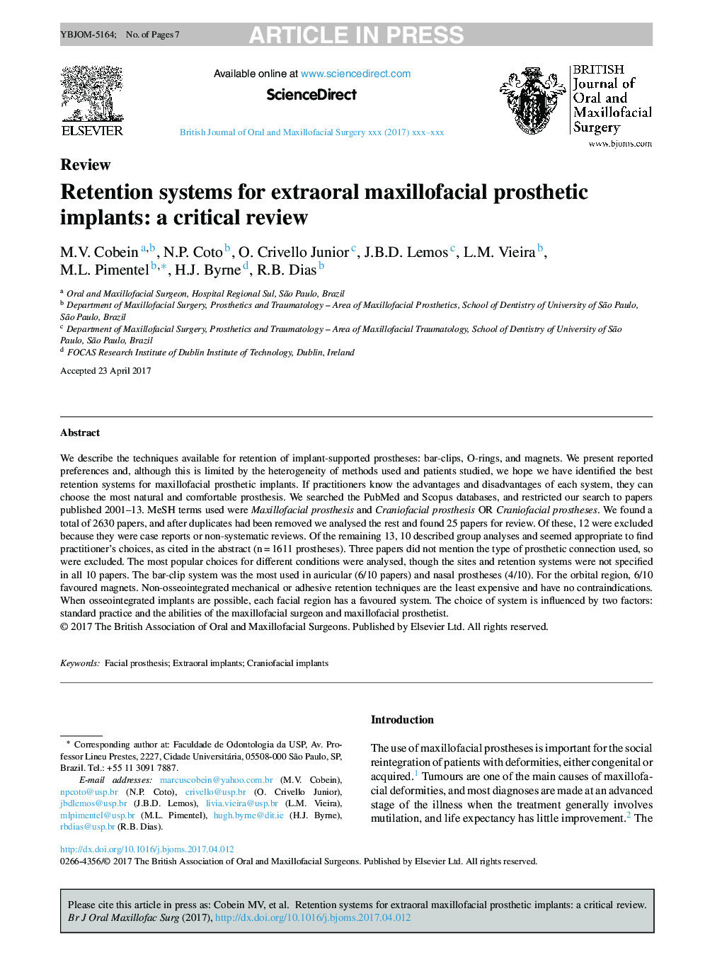 Retention systems for extraoral maxillofacial prosthetic implants: a critical review