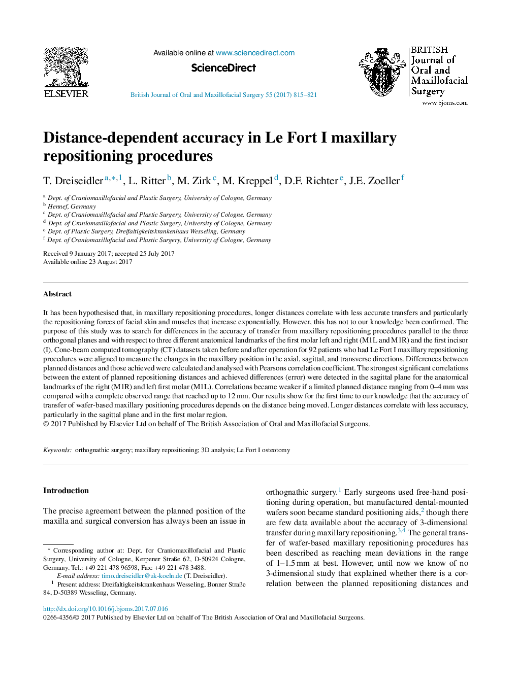 Distance-dependent accuracy in Le Fort I maxillary repositioning procedures