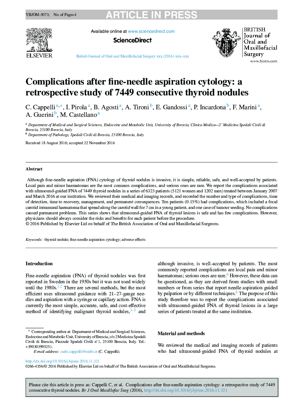 Complications after fine-needle aspiration cytology: a retrospective study of 7449 consecutive thyroid nodules