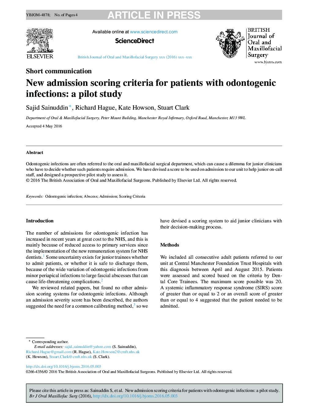 New admission scoring criteria for patients with odontogenic infections: a pilot study