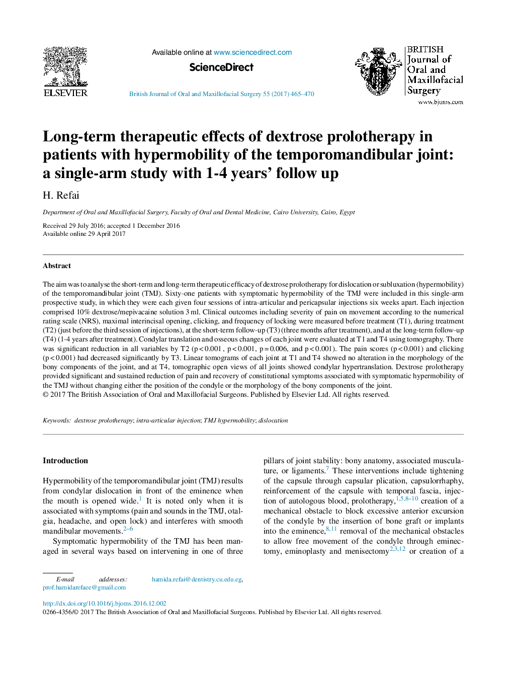 Long-term therapeutic effects of dextrose prolotherapy in patients with hypermobility of the temporomandibular joint: a single-arm study with 1-4 years' follow up