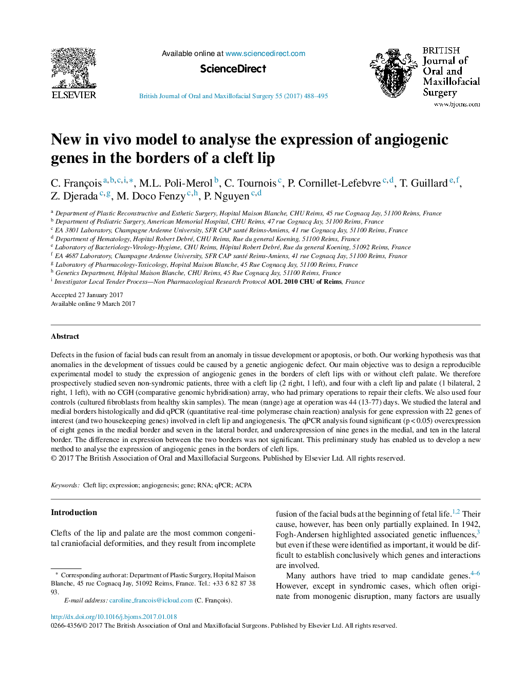 New in vivo model to analyse the expression of angiogenic genes in the borders of a cleft lip