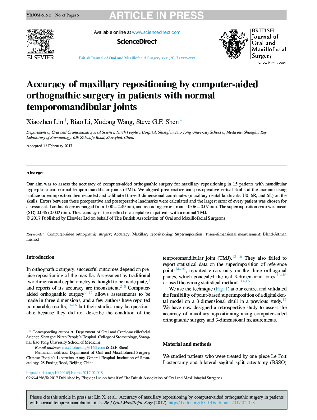 Accuracy of maxillary repositioning by computer-aided orthognathic surgery in patients with normal temporomandibular joints