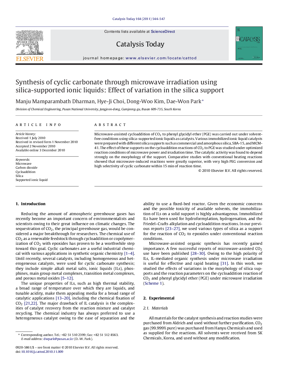 Synthesis of cyclic carbonate through microwave irradiation using silica-supported ionic liquids: Effect of variation in the silica support