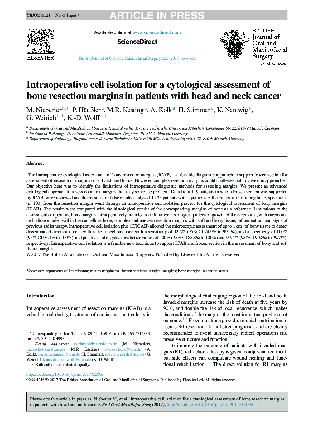 Intraoperative cell isolation for a cytological assessment of bone resection margins in patients with head and neck cancer