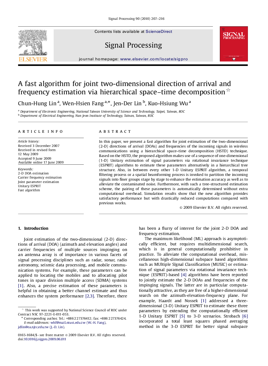 A fast algorithm for joint two-dimensional direction of arrival and frequency estimation via hierarchical space–time decomposition 