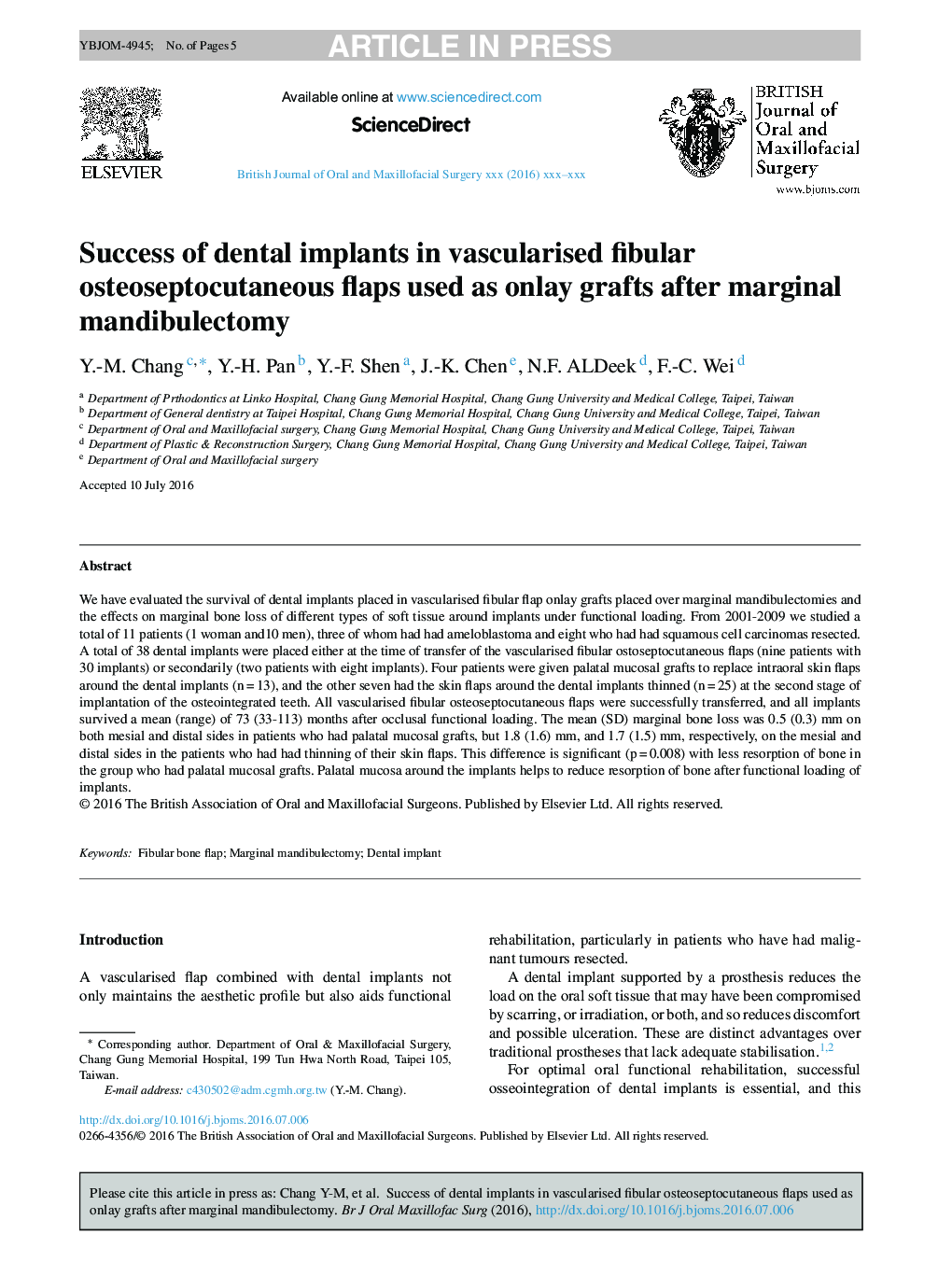 Success of dental implants in vascularised fibular osteoseptocutaneous flaps used as onlay grafts after marginal mandibulectomy