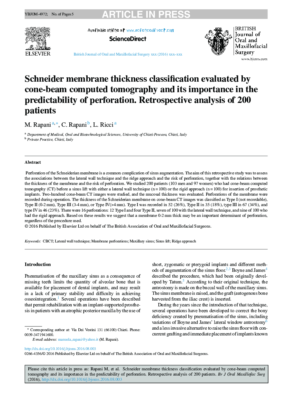 Schneider membrane thickness classification evaluated by cone-beam computed tomography and its importance in the predictability of perforation. Retrospective analysis of 200 patients