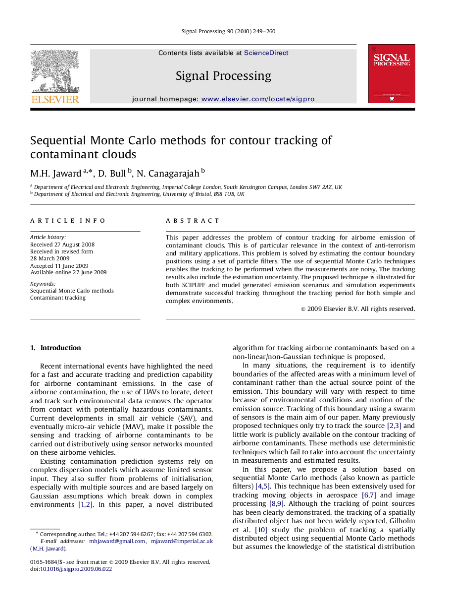 Sequential Monte Carlo methods for contour tracking of contaminant clouds