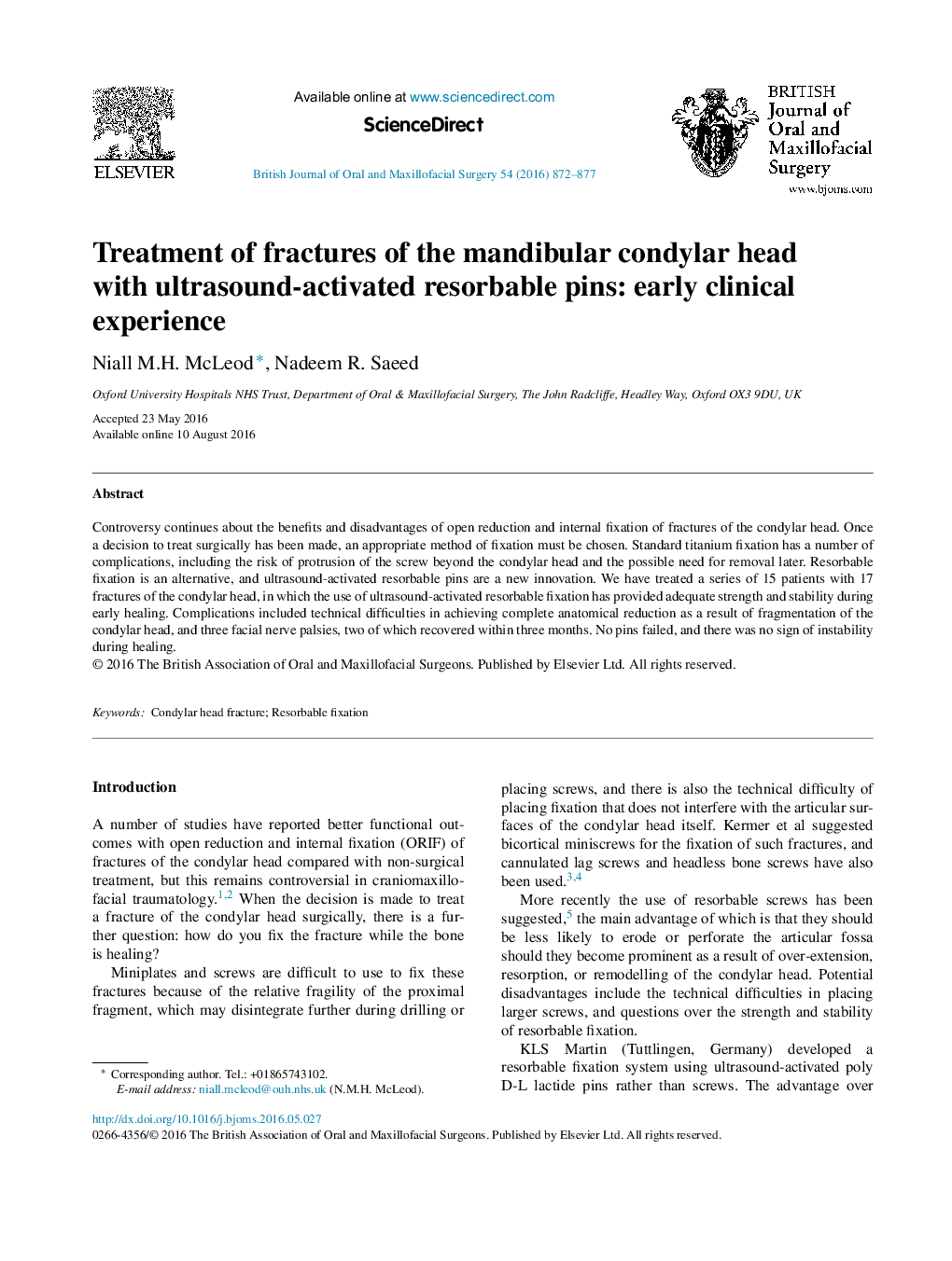 درمان شکستگی سر دندان قاعدگی فک پایین با پین های قابل استخراج با سونوگرافی فعال: تجربه بالینی اولیه 