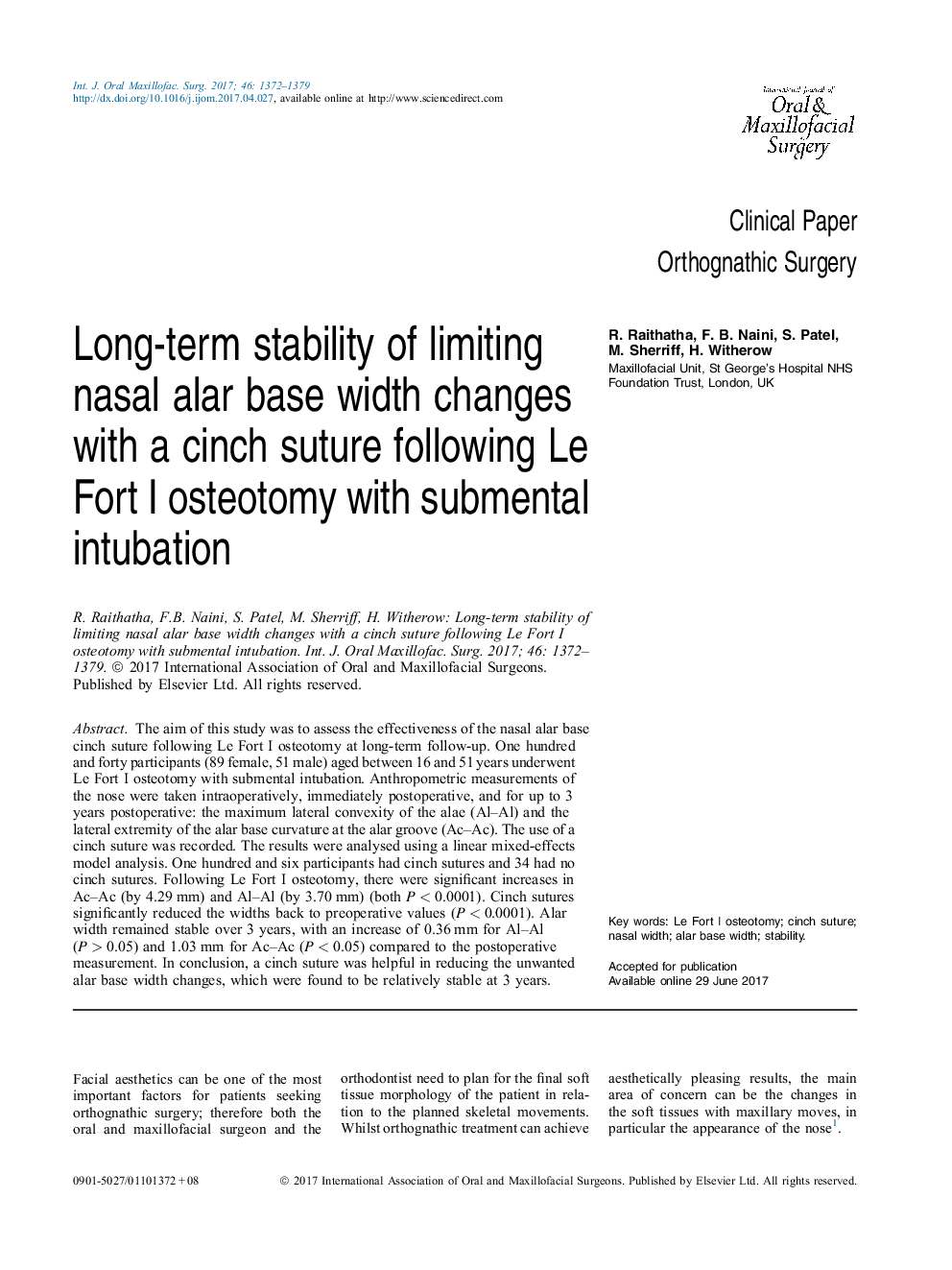 Long-term stability of limiting nasal alar base width changes with a cinch suture following Le Fort I osteotomy with submental intubation