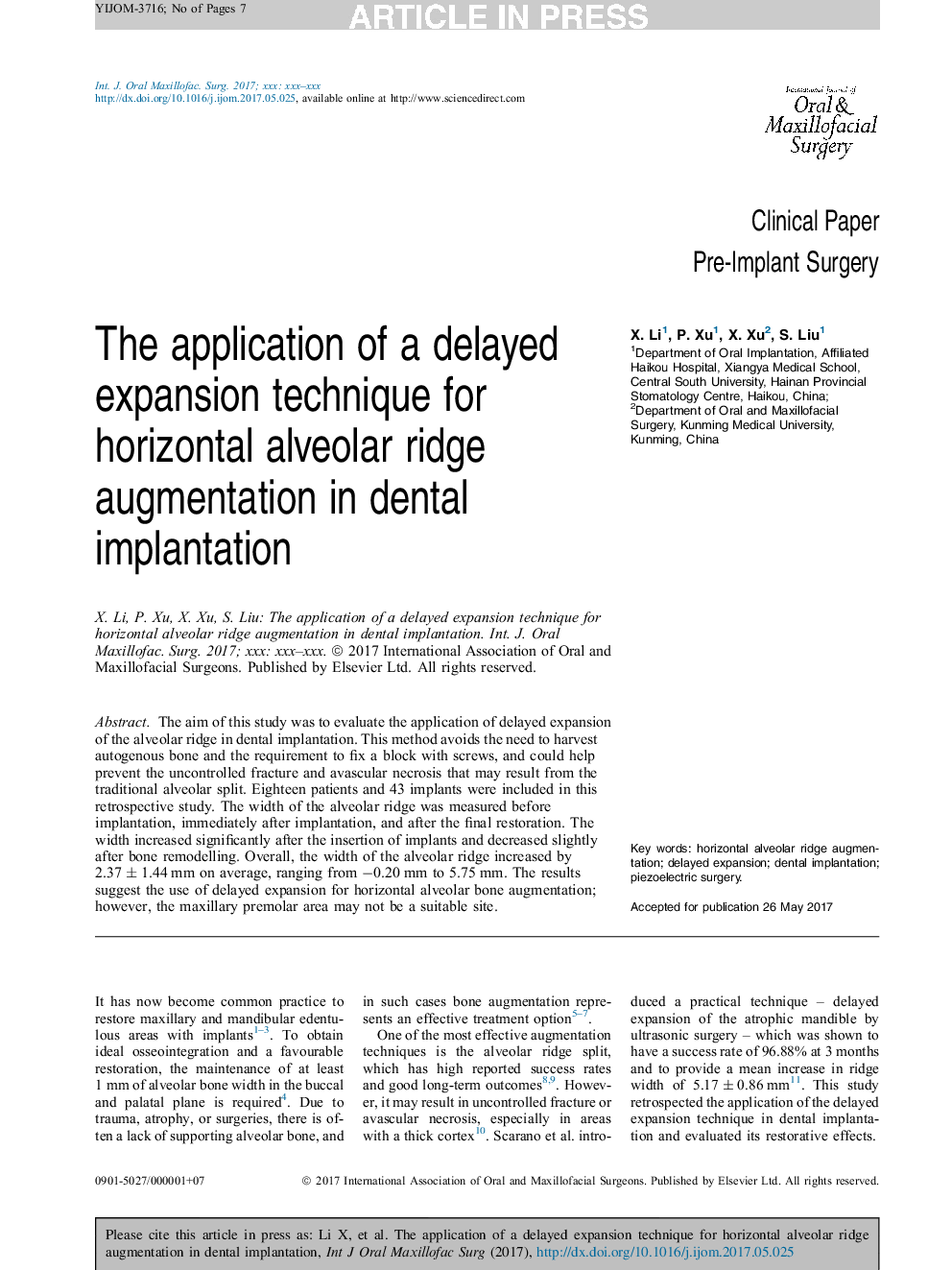 The application of a delayed expansion technique for horizontal alveolar ridge augmentation in dental implantation