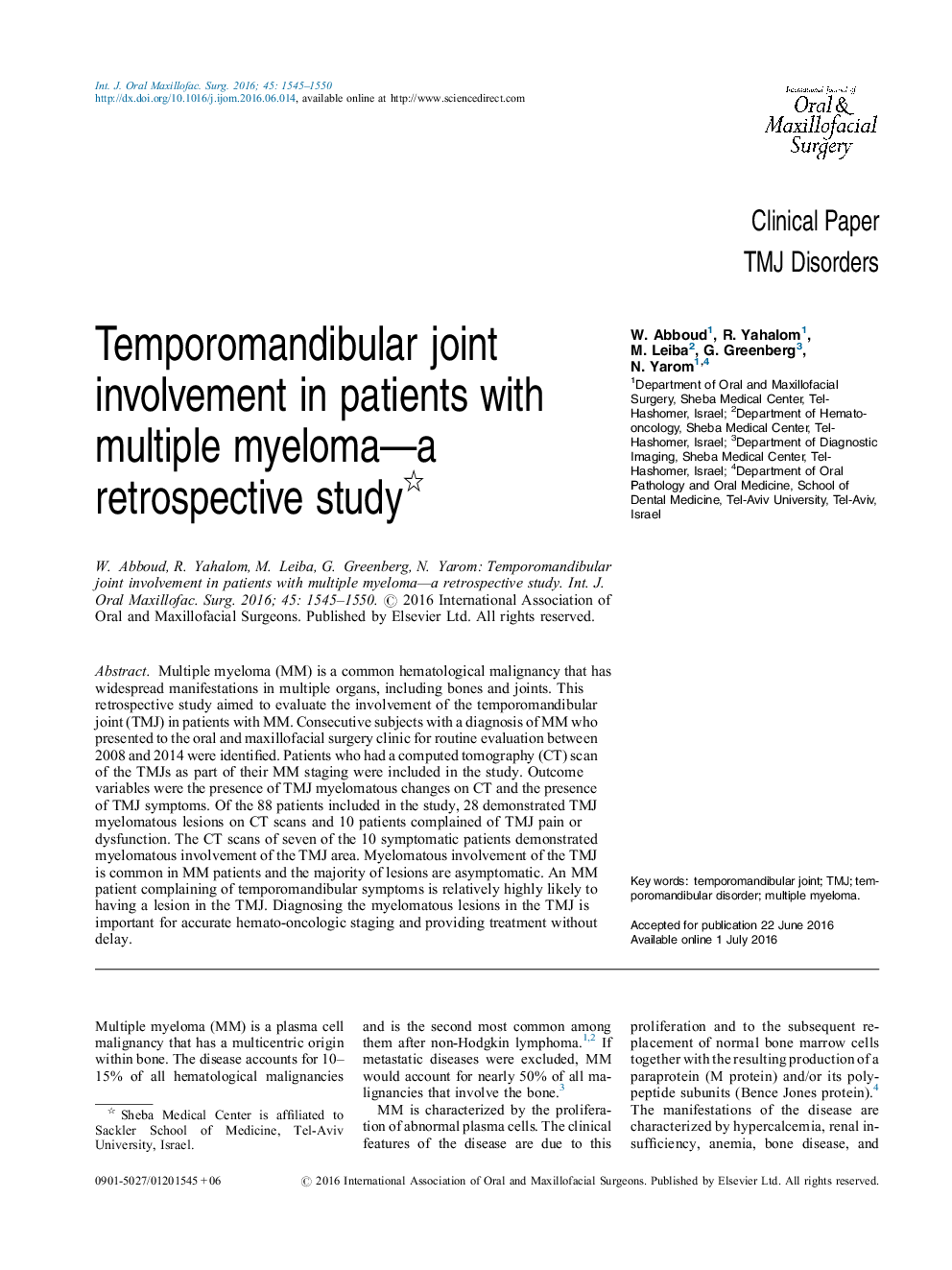 Temporomandibular joint involvement in patients with multiple myeloma-a retrospective study