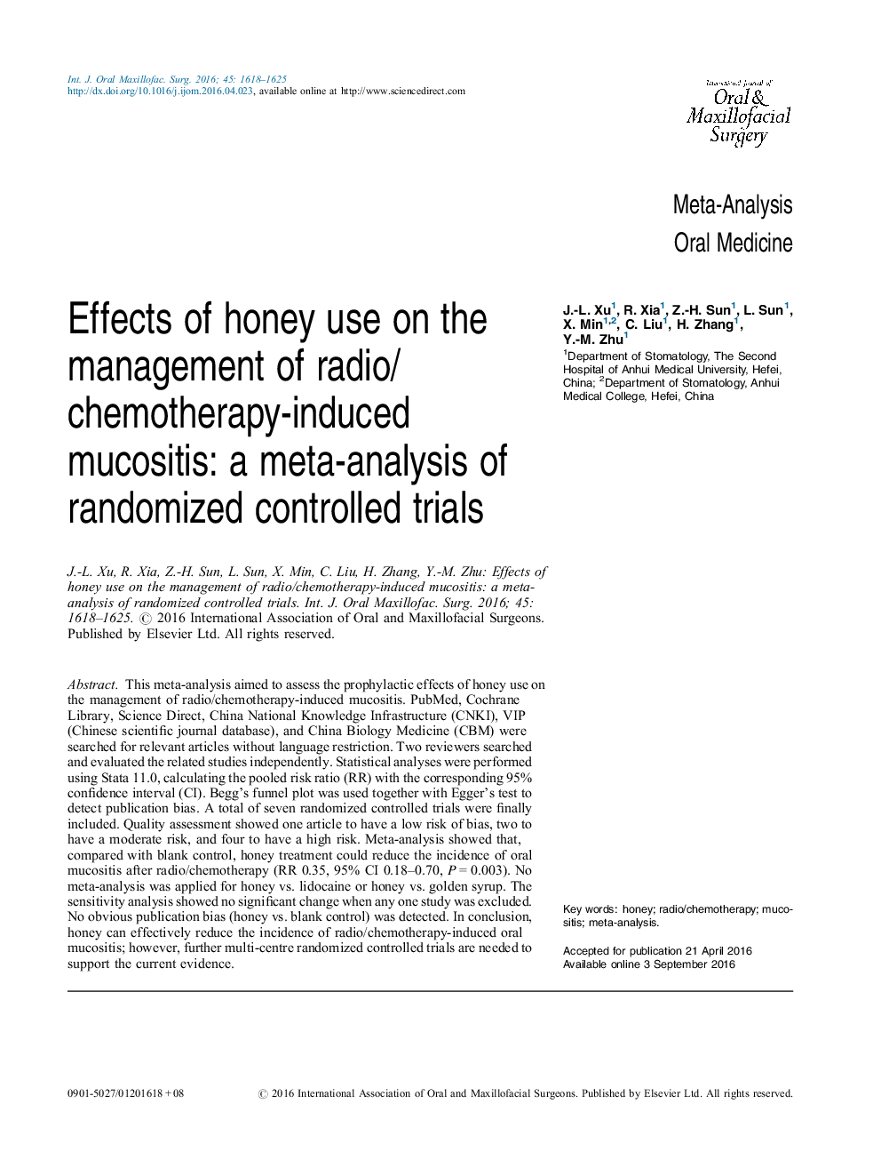 اثرات استفاده از عسل بر مدیریت موکوزیت ناشی از رادیو / شیمی درمانی: یک متاآنالیز آزمایشهای کنترل شده تصادفی 