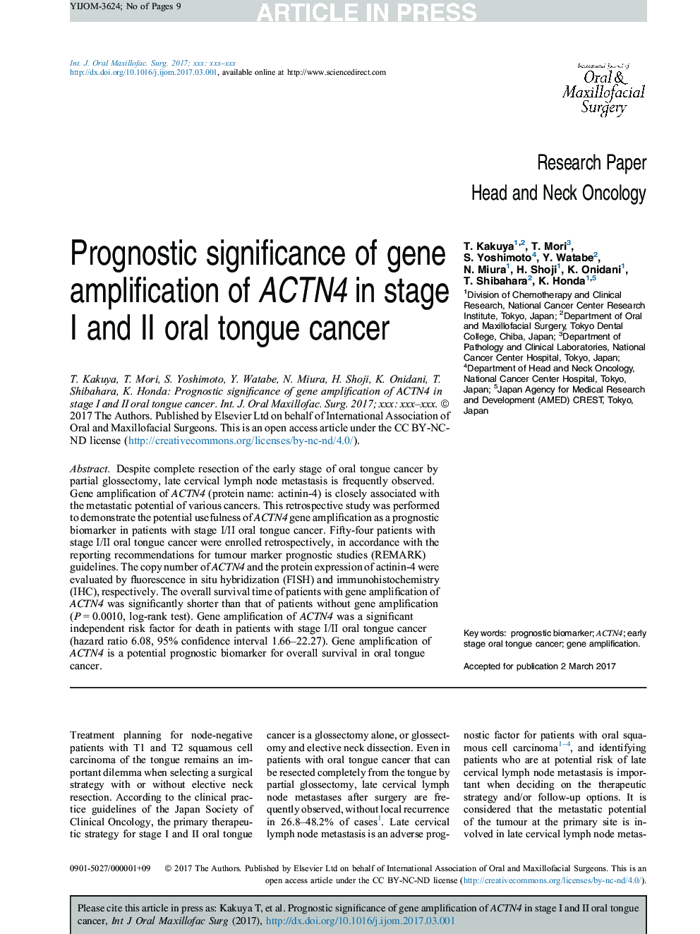 Prognostic significance of gene amplification of ACTN4 in stage I and II oral tongue cancer