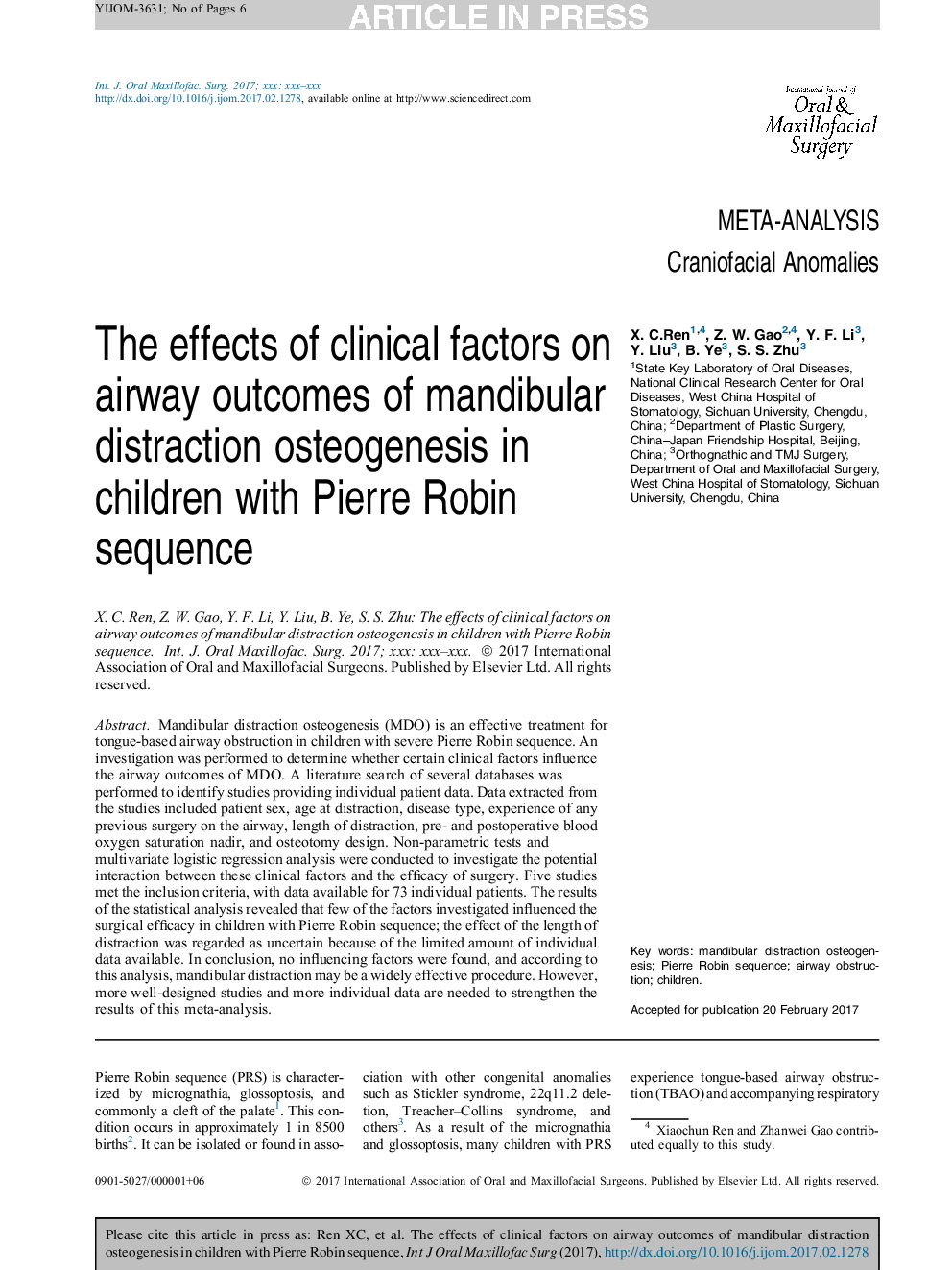 تأثیر عوامل بالینی بر نتایج ناشی از استئوآرتریسم انحراف فکری مندیبول در کودکان مبتلا به سرطان پیرو رابین 