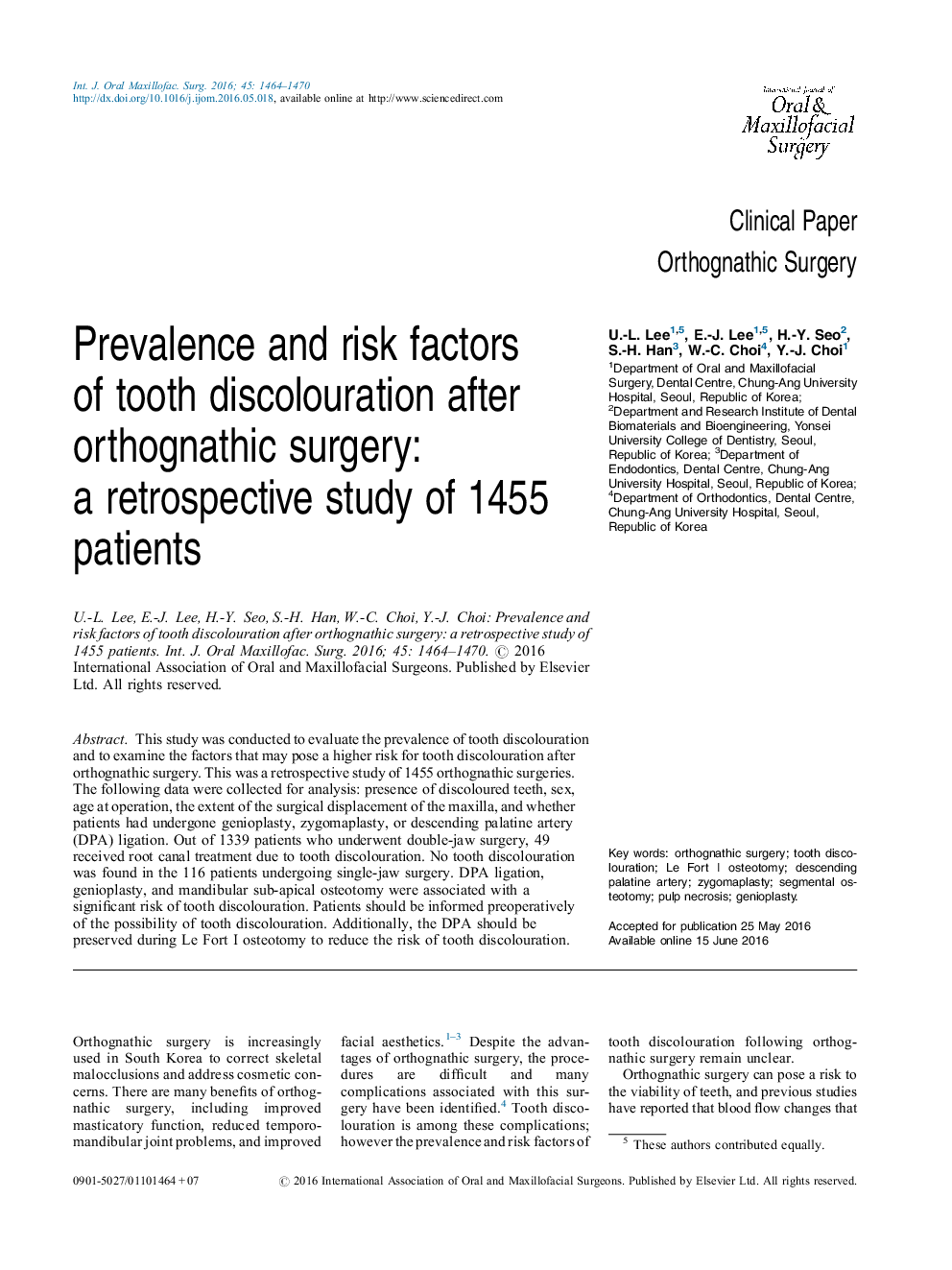 Prevalence and risk factors of tooth discolouration after orthognathic surgery: a retrospective study of 1455 patients