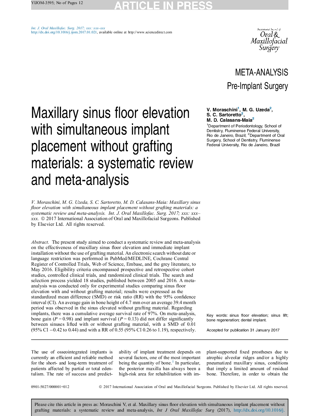 Maxillary sinus floor elevation with simultaneous implant placement without grafting materials: a systematic review and meta-analysis