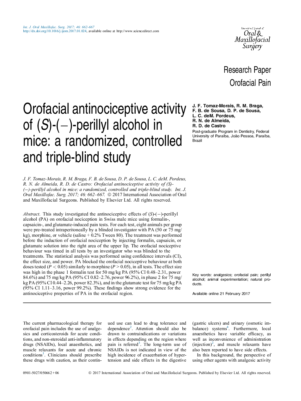 Orofacial antinociceptive activity of (S)-(â)-perillyl alcohol in mice: a randomized, controlled and triple-blind study