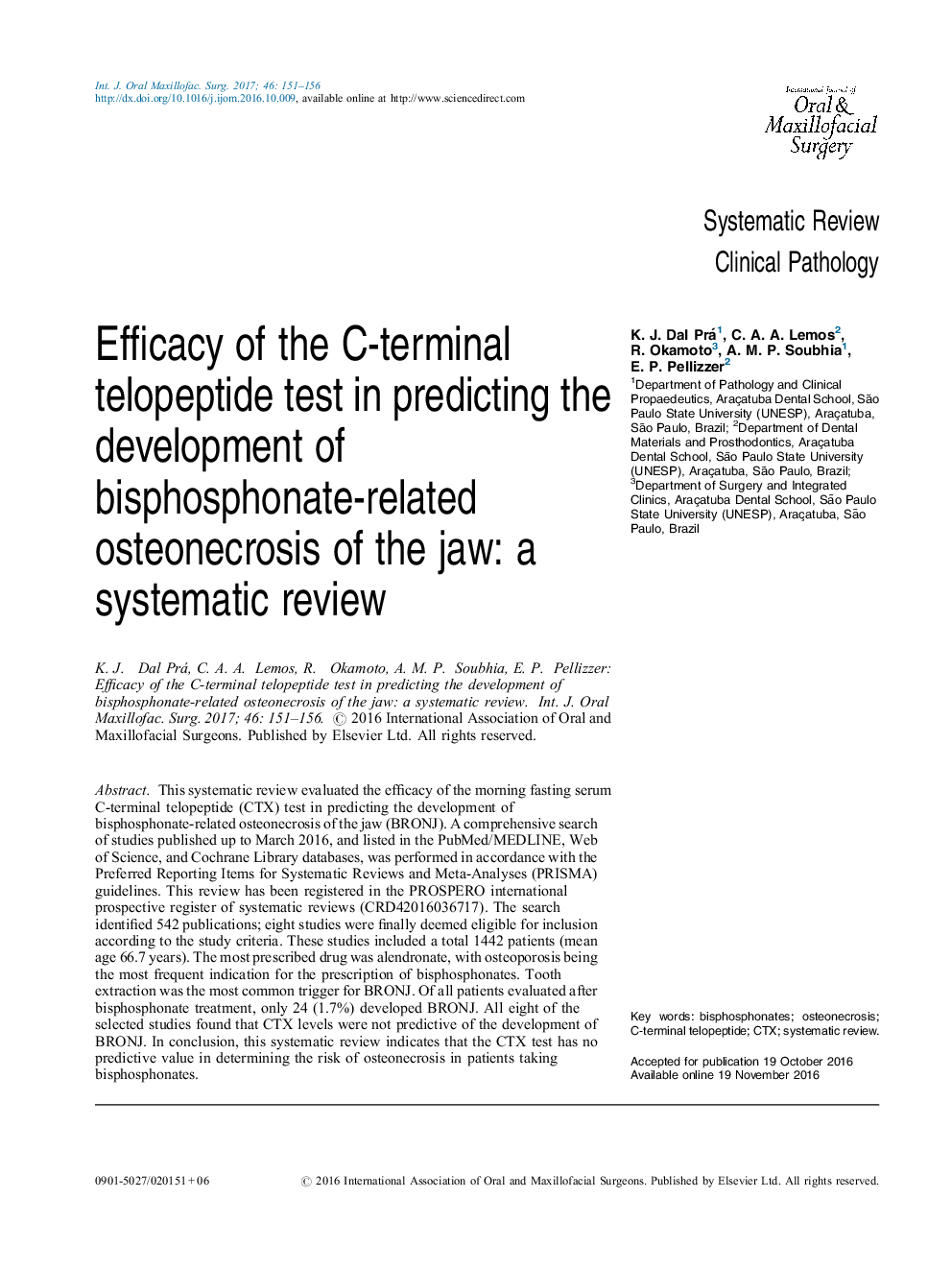 Efficacy of the C-terminal telopeptide test in predicting the development of bisphosphonate-related osteonecrosis of the jaw: a systematic review