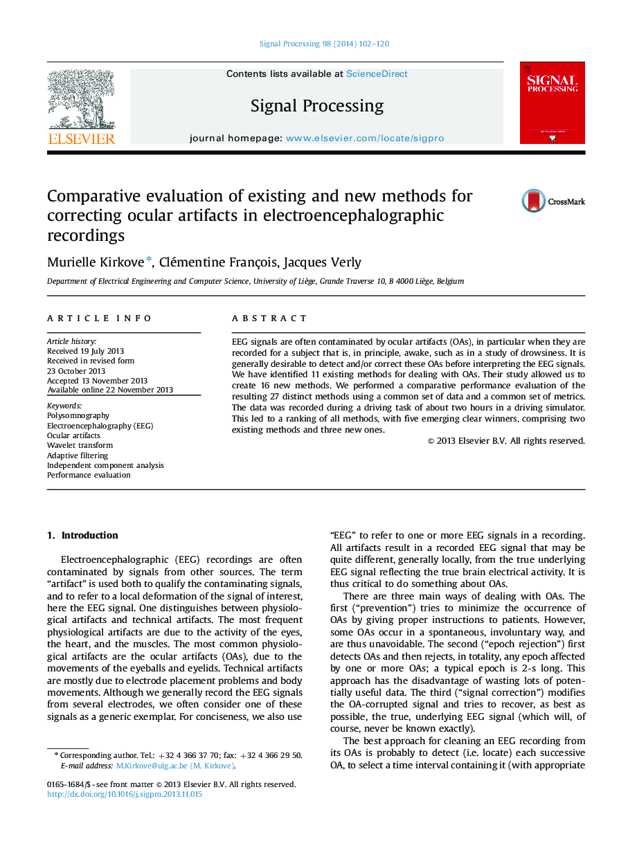 Comparative evaluation of existing and new methods for correcting ocular artifacts in electroencephalographic recordings