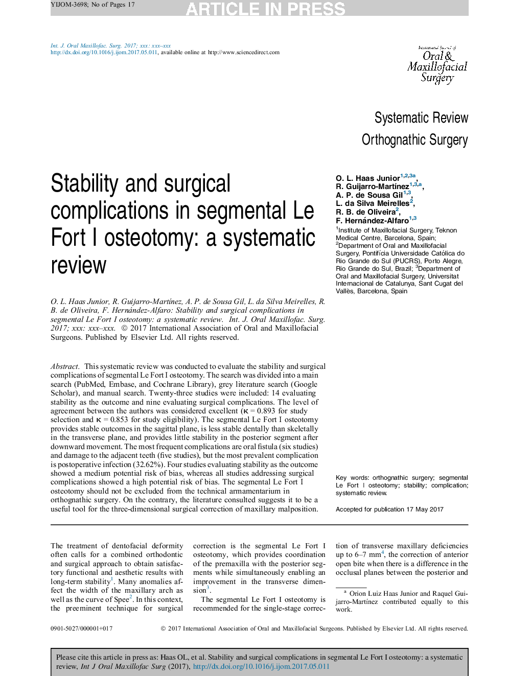 Stability and surgical complications in segmental Le Fort I osteotomy: a systematic review