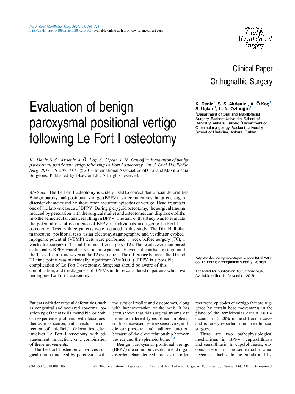 Evaluation of benign paroxysmal positional vertigo following Le Fort I osteotomy