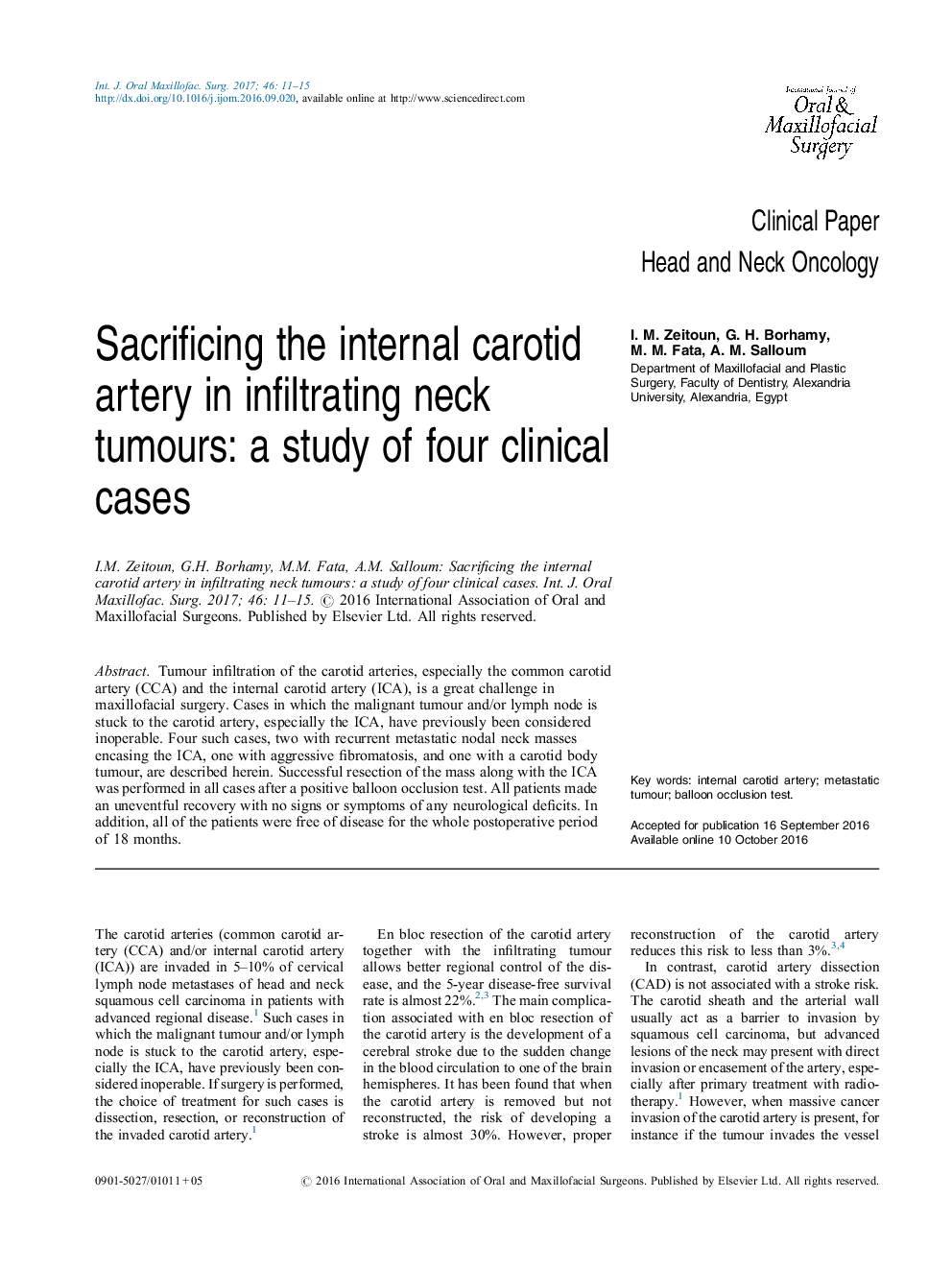 Sacrificing the internal carotid artery in infiltrating neck tumours: a study of four clinical cases