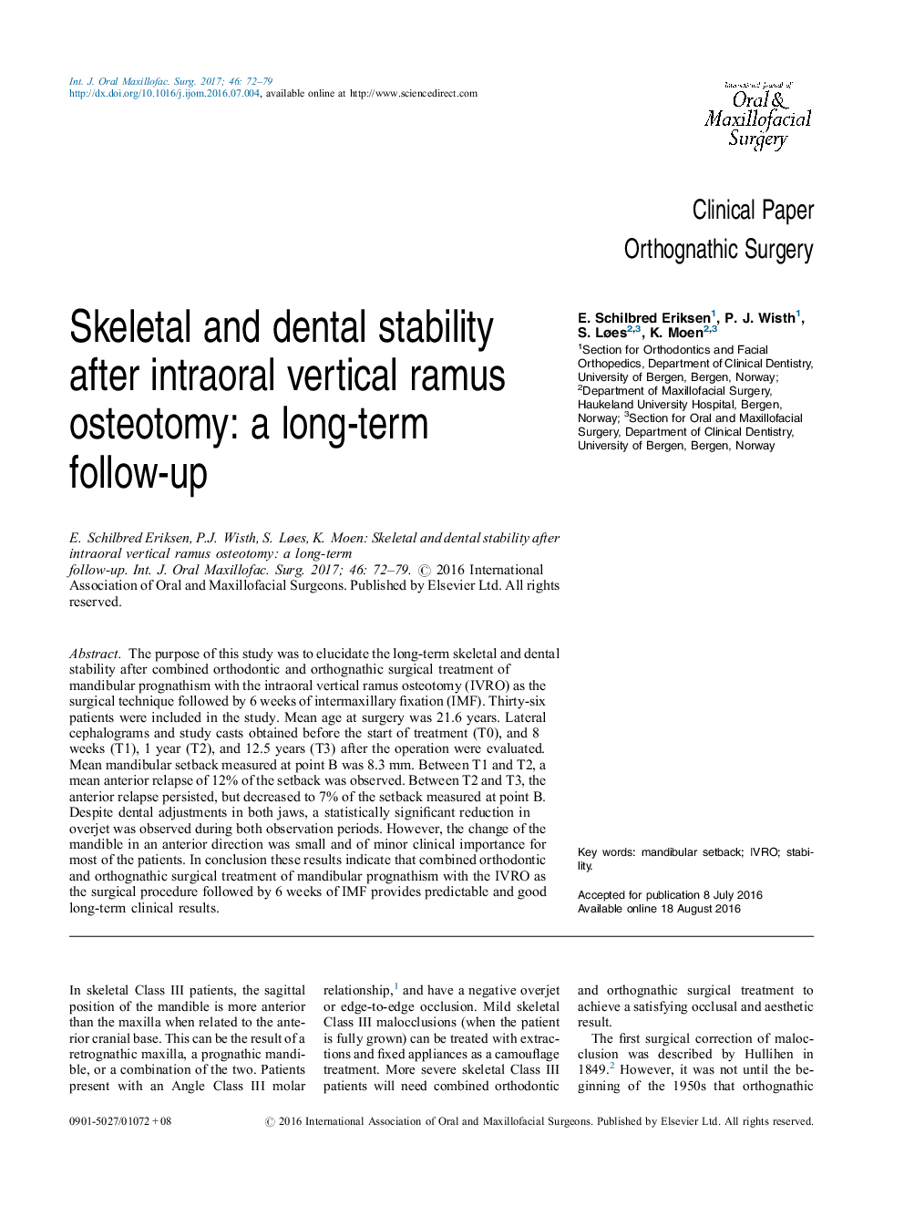 Skeletal and dental stability after intraoral vertical ramus osteotomy: a long-term follow-up