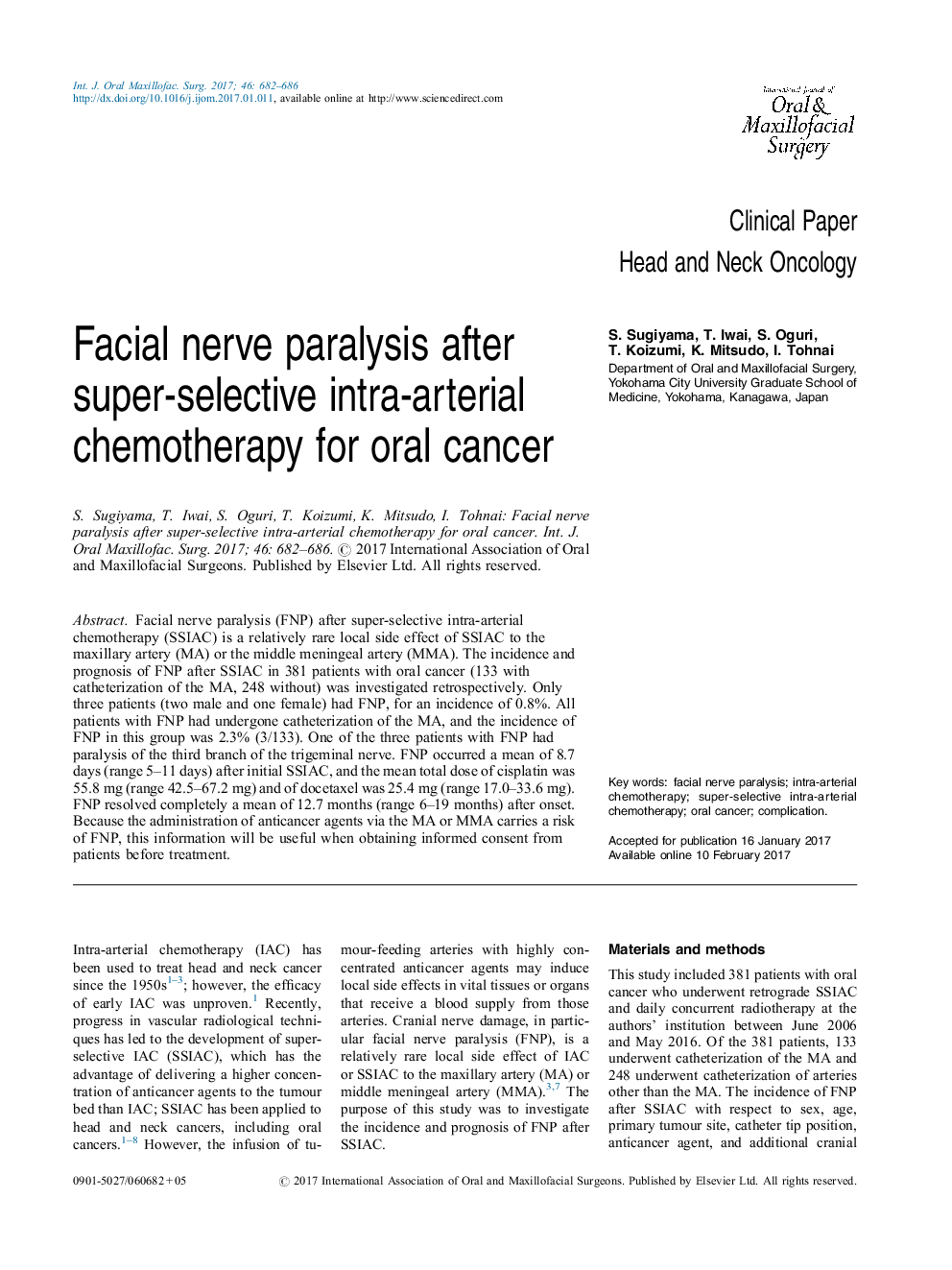 فلج عصب صورت پس از شیمیدرمانی درون شریان فوق العاده انتخابی برای سرطان دهان 