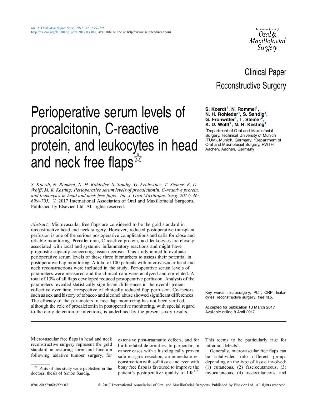 Perioperative serum levels of procalcitonin, C-reactive protein, and leukocytes in head and neck free flaps