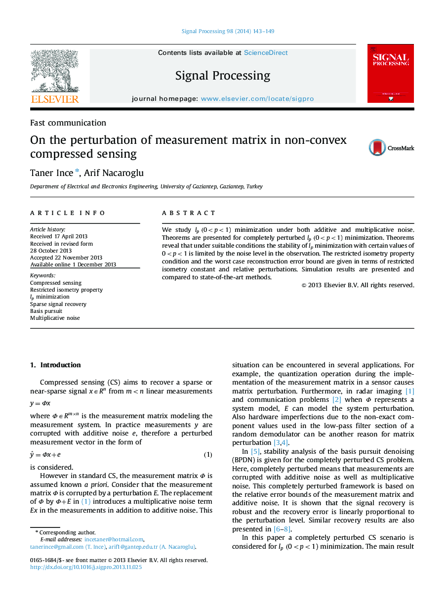 On the perturbation of measurement matrix in non-convex compressed sensing