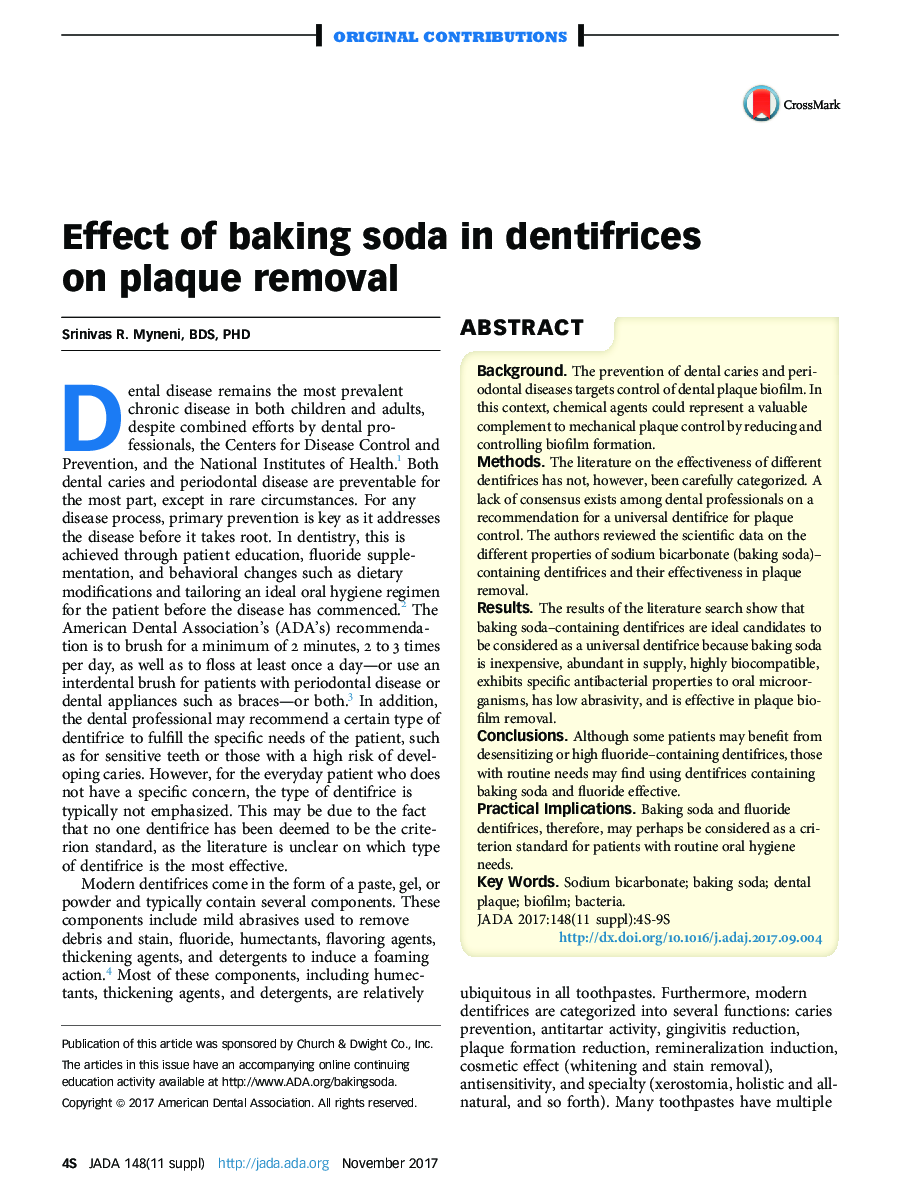 Effect of baking soda in dentifrices on plaque removal