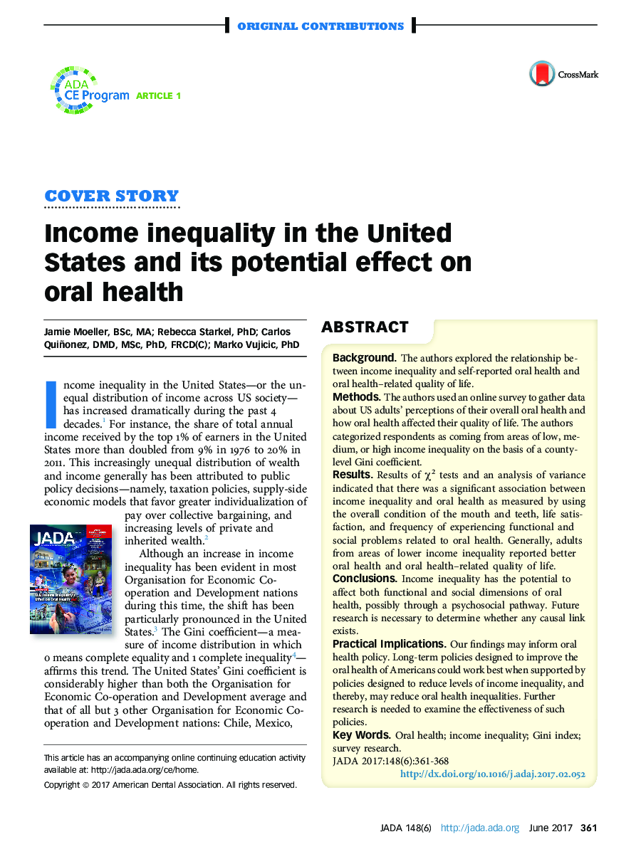 Income inequality in the United States and its potential effect on oral health