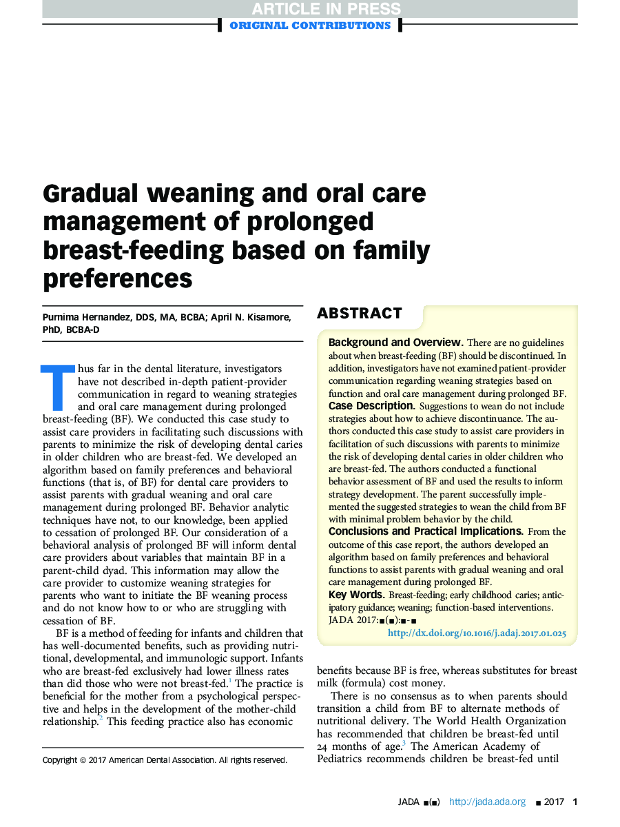 Gradual weaning and oral care management of prolonged breast-feedingÂ based on family preferences