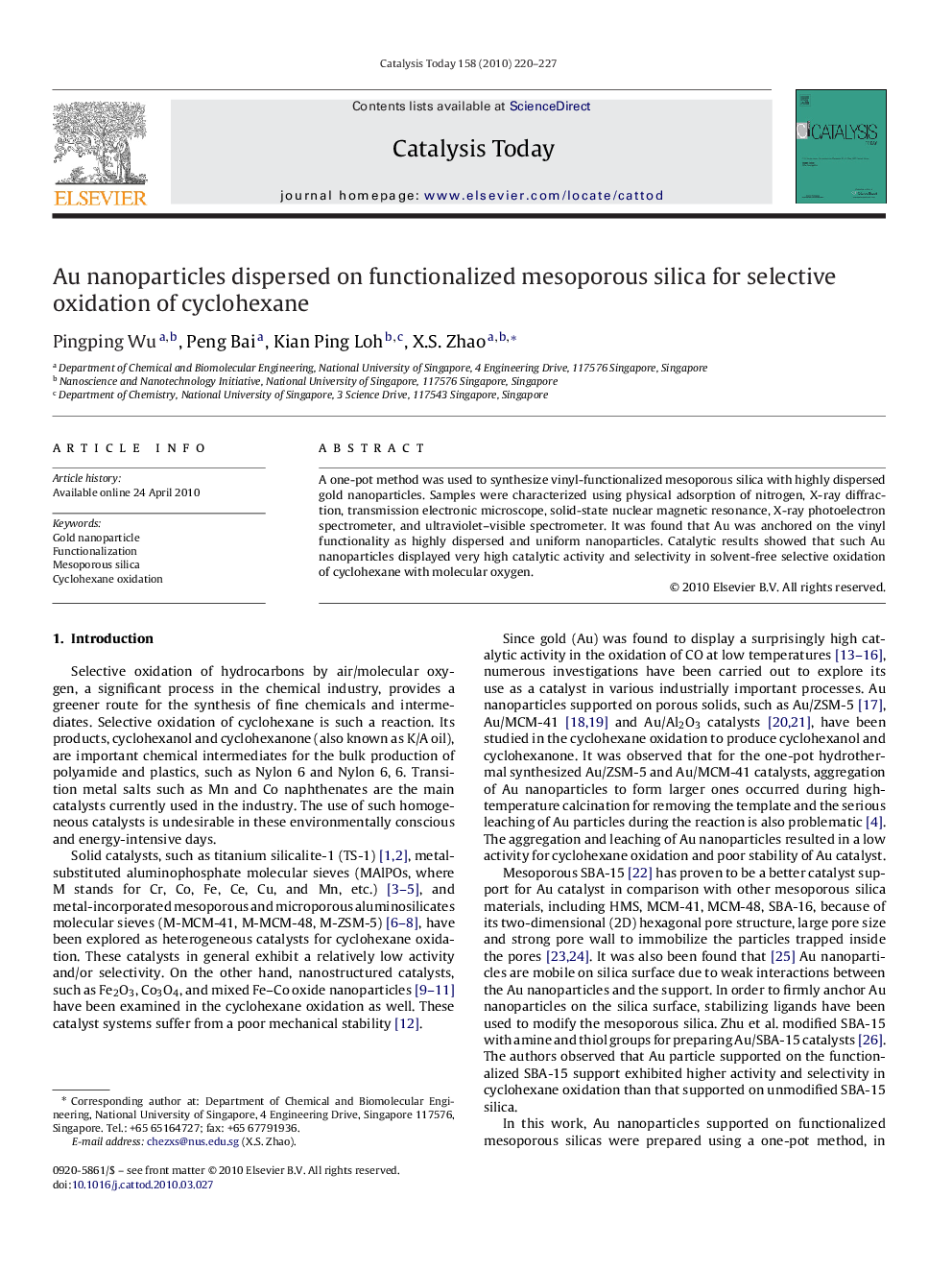 Au nanoparticles dispersed on functionalized mesoporous silica for selective oxidation of cyclohexane