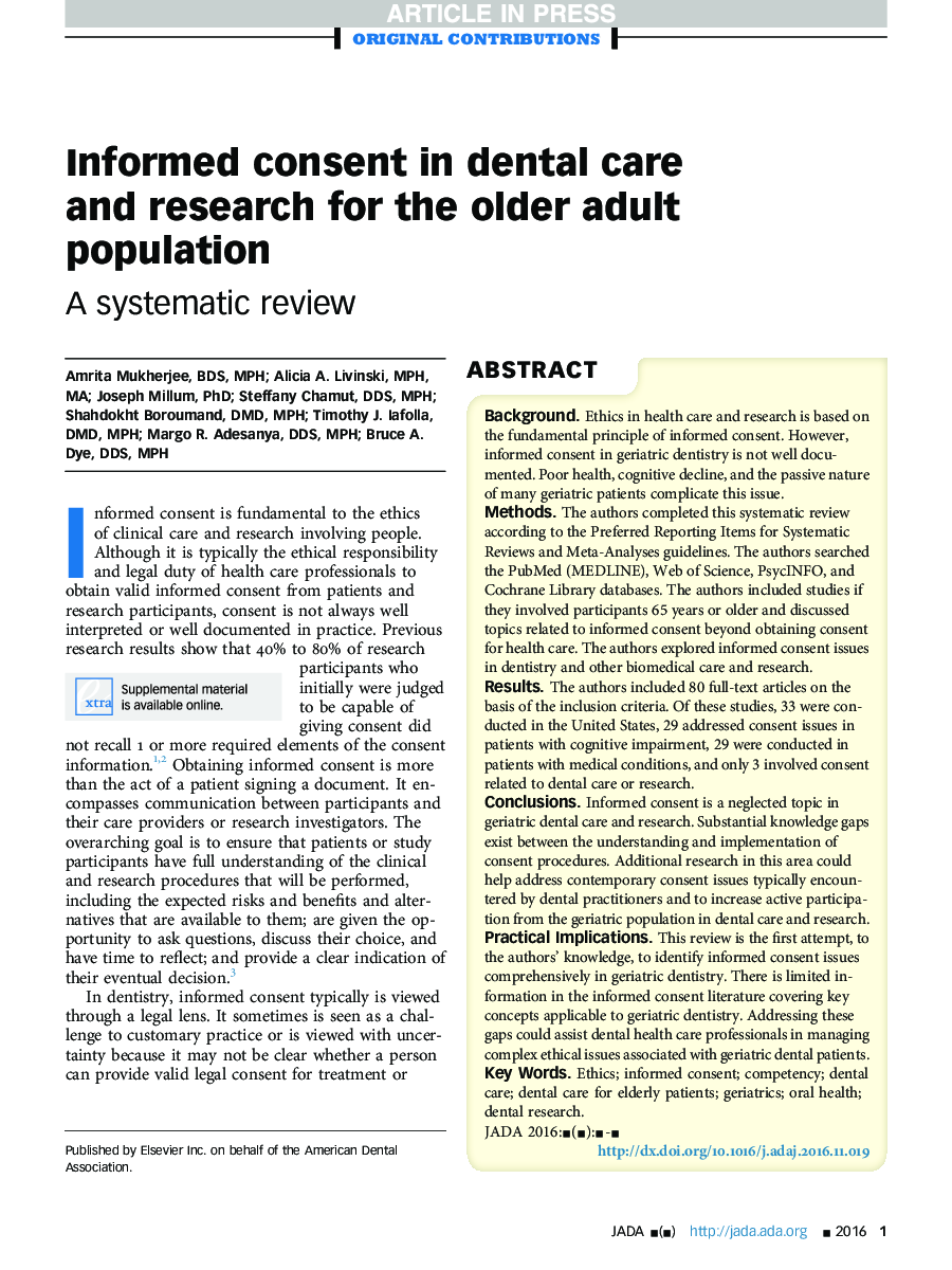 Informed consent in dental care and research for the older adult population