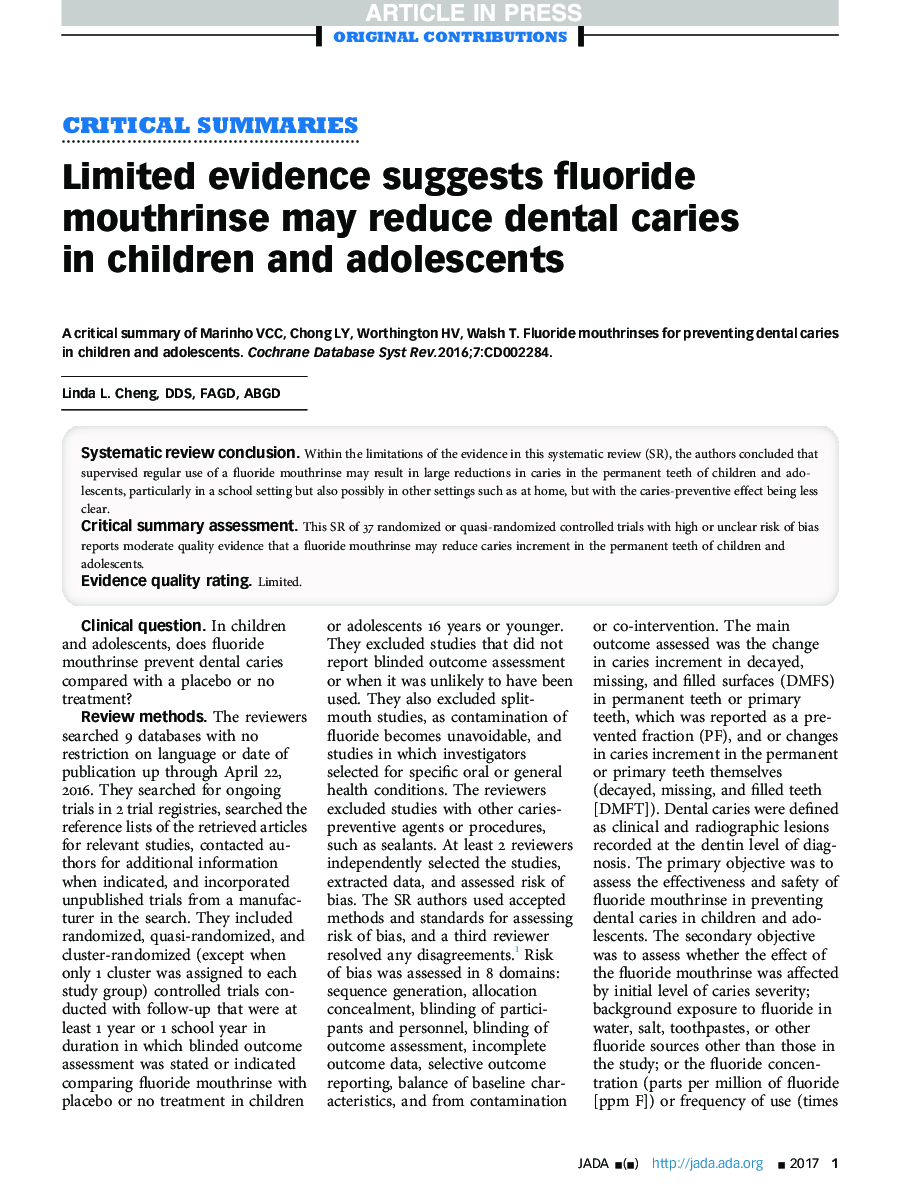 Limited evidence suggests fluoride mouthrinse may reduce dental caries in children and adolescents