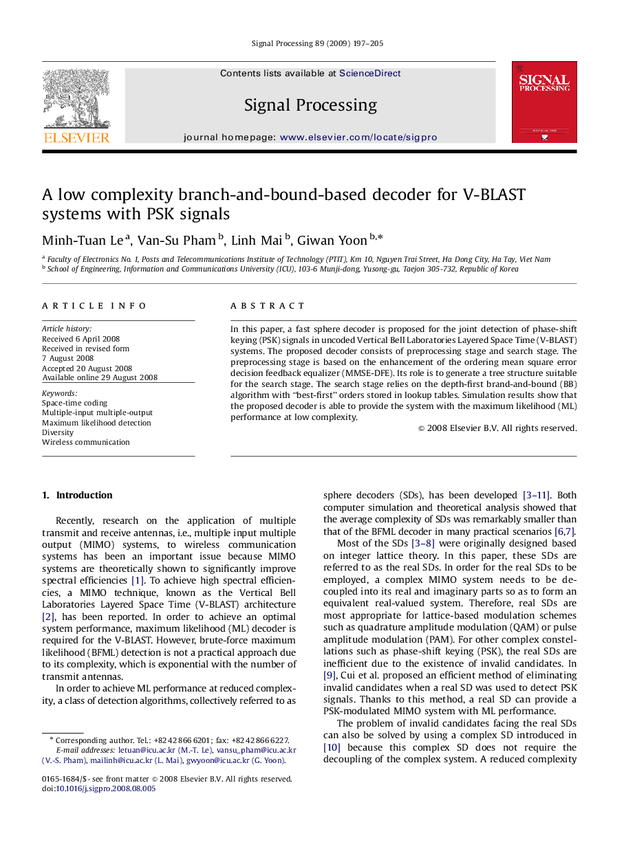 A low complexity branch-and-bound-based decoder for V-BLAST systems with PSK signals