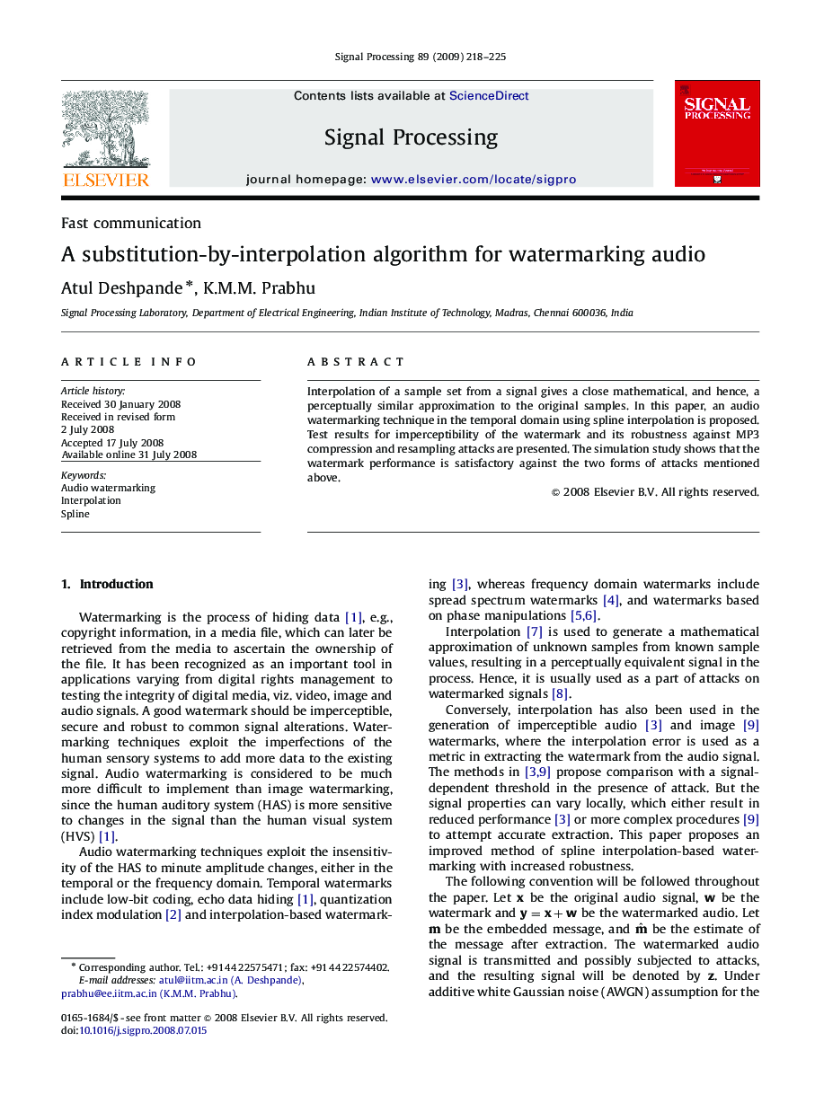 A substitution-by-interpolation algorithm for watermarking audio