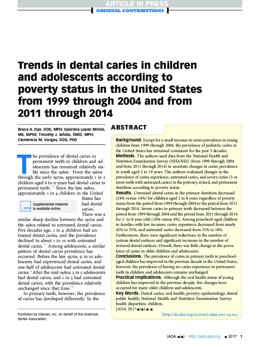 Trends in dental caries in children and adolescents according to poverty status in the United States from 1999 through 2004 and from 2011 through 2014