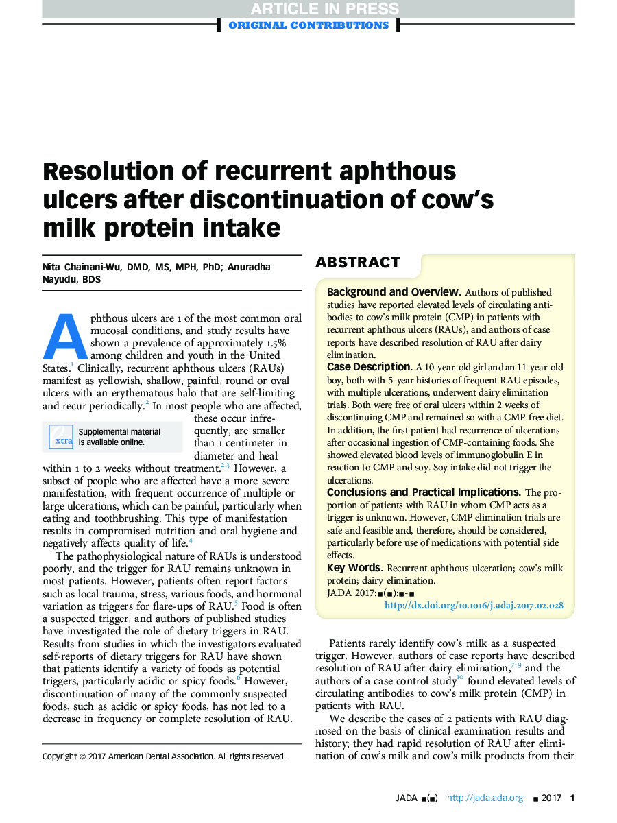 Resolution of recurrent aphthous ulcers after discontinuation of cow's milk protein intake