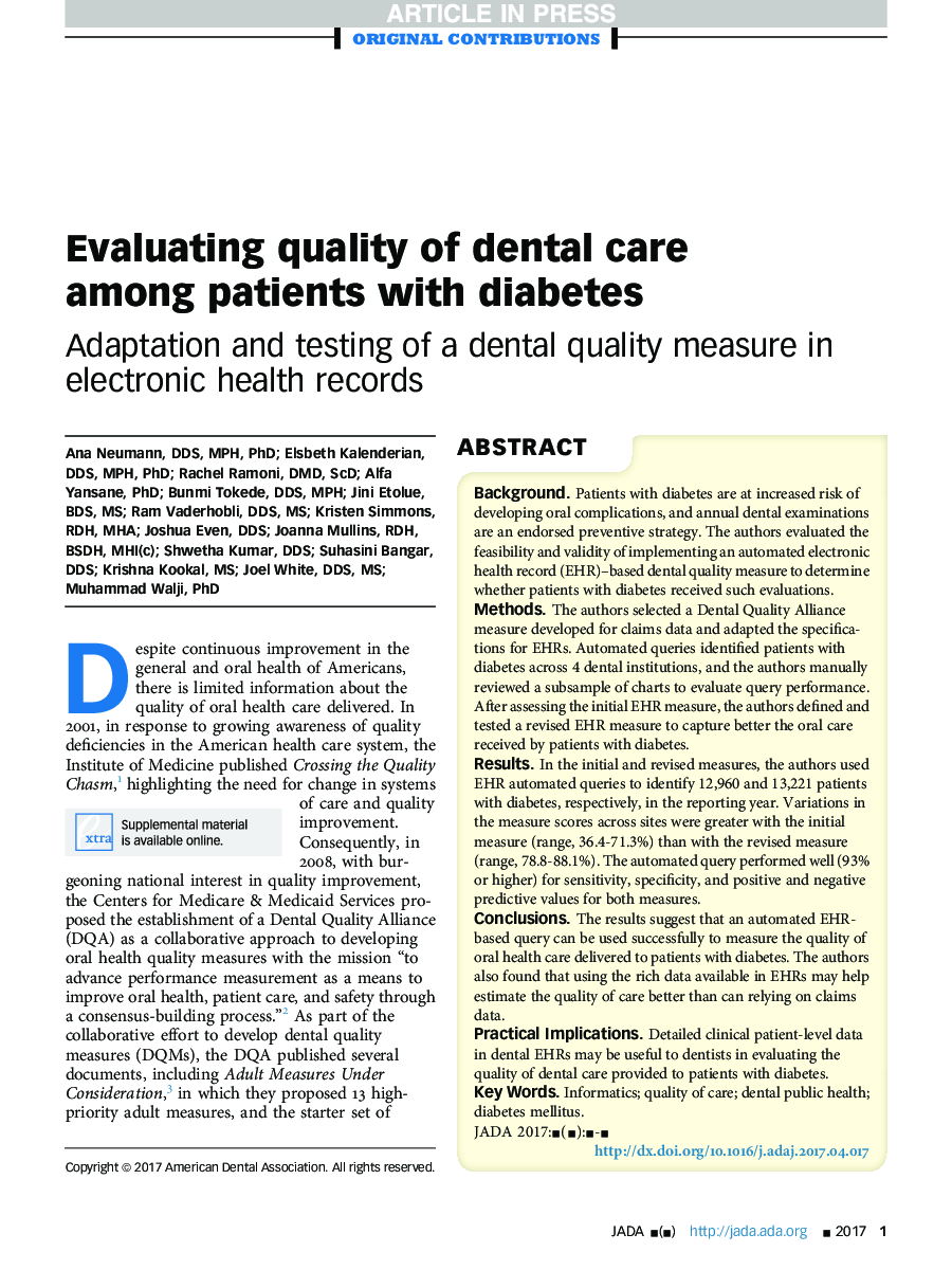 Evaluating quality of dental care among patients with diabetes