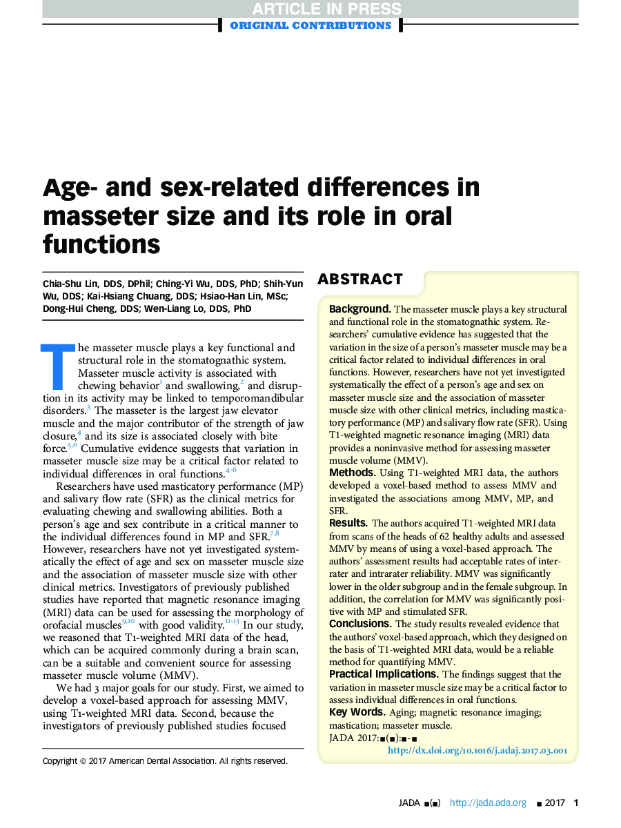 Age- and sex-related differences in masseter size and its role in oral functions