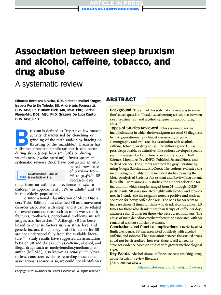 Association between sleep bruxism and alcohol, caffeine, tobacco, and drug abuse